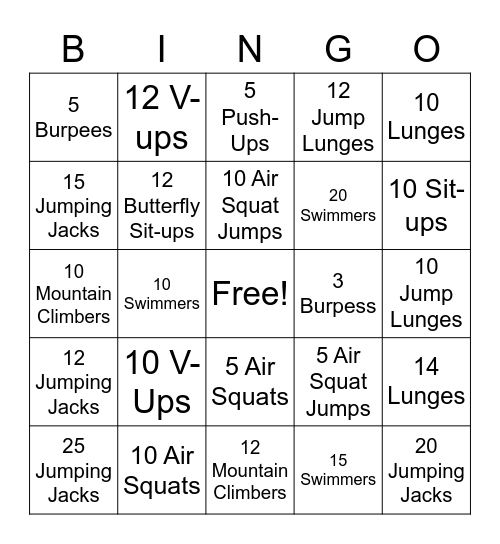 Fitness Bingo Card