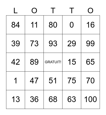 Les nombres 1-100 Bingo Card