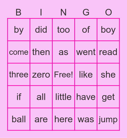 Sight Words Bingo Card