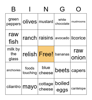 Picky Eaters Bingo Card