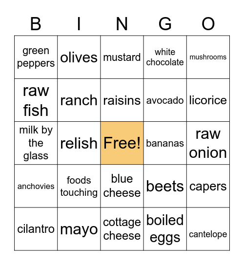 Picky Eaters Bingo Card