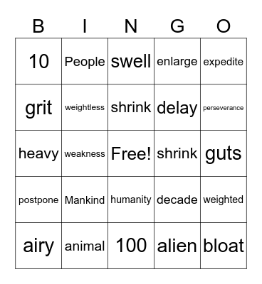 Vocabulary Week 4 Bingo Card