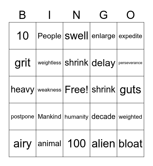 Vocabulary Week 4 Bingo Card