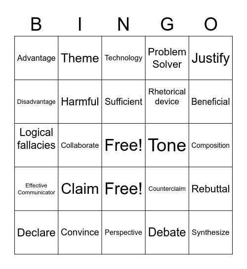 Unit 3 Vocabulary - Debate Bingo Card