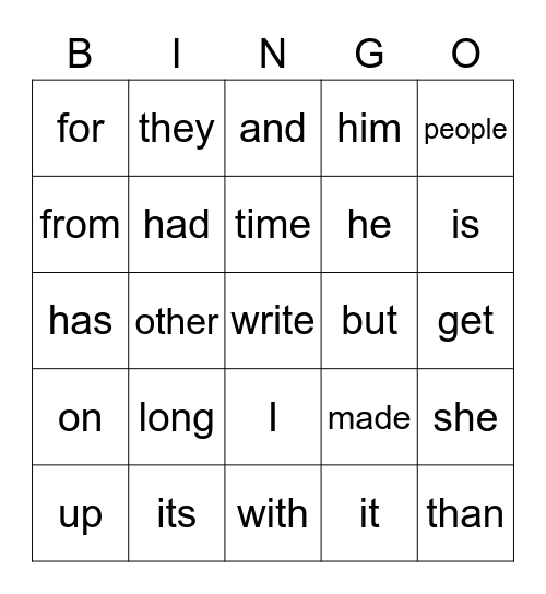 1st Fry Words 4 Bingo Card