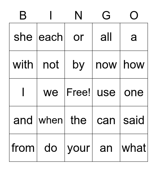 Sight Word Bingo Card