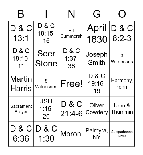 Doctrine & Covenants 2021 Bingo Card