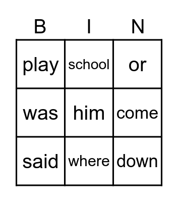 Sight Words Bingo Card