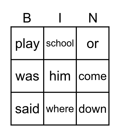 Sight Words Bingo Card