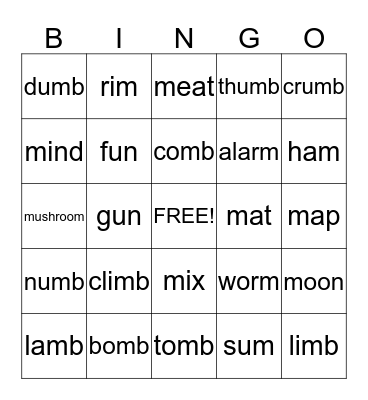 M m Bingo Card