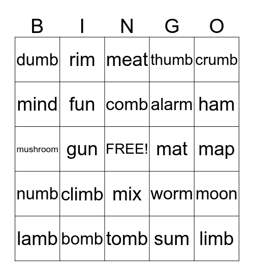 M m Bingo Card