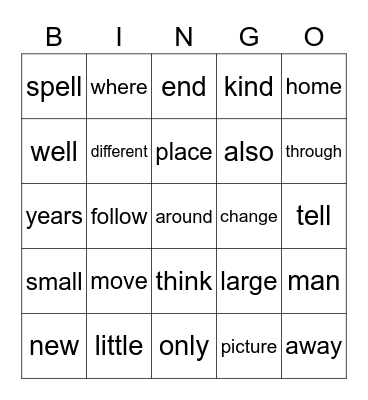 2nd Fry Words 1 Bingo Card