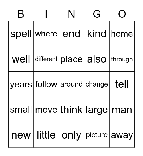 2nd Fry Words 1 Bingo Card