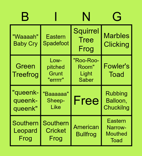 Frog and Toad Call Bingo Card