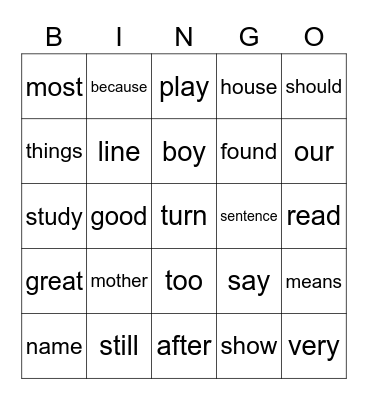 2nd Fry Words 2 Bingo Card