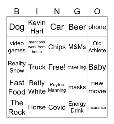 XL Superbowl Commercial Bingo Card