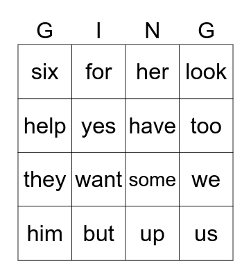 Sight Words Bingo Card