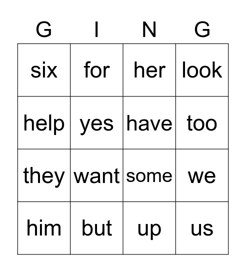 Sight Words Bingo Card