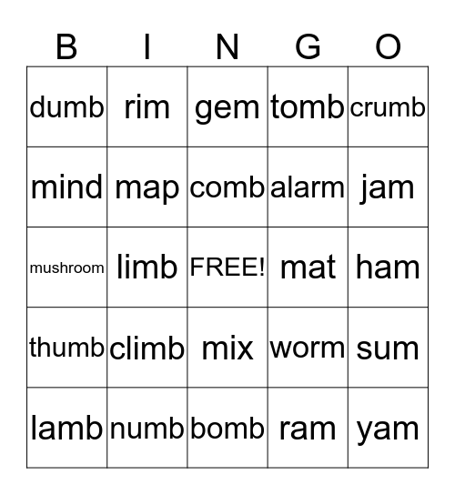 M m Bingo Card