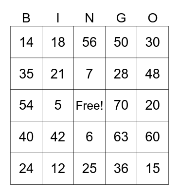 Multiplication Facts (5,6,7) Bingo Card