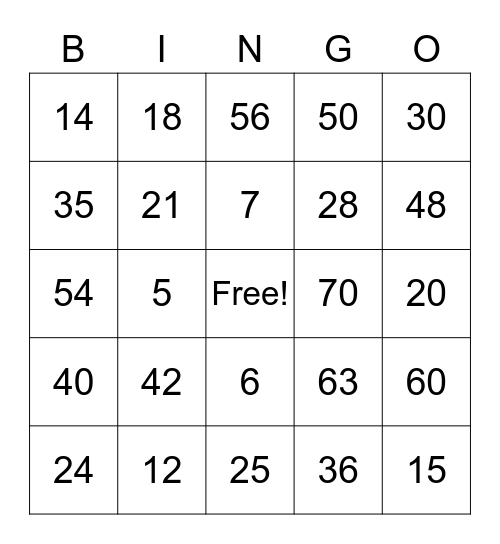 Multiplication Facts (5,6,7) Bingo Card