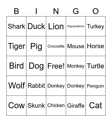 Animals Bingo Card