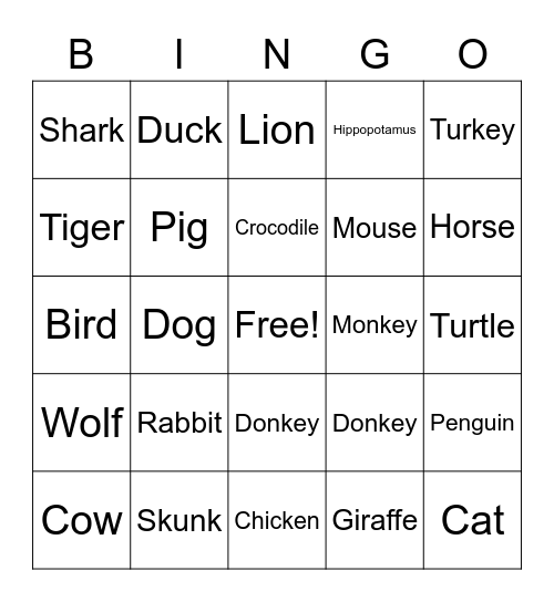 Animals Bingo Card