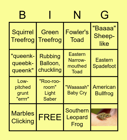 Frog and Toad Call Bingo Card