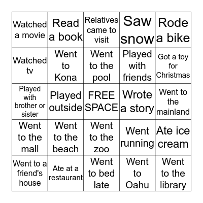 Winter Break Bingo Card