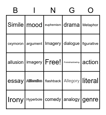 Literary Terms Bingo Card