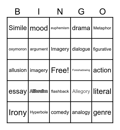 Literary Terms Bingo Card