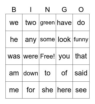 Sight Words Bingo Card