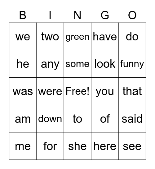 Sight Words Bingo Card