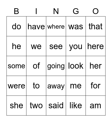 Sight Words Bingo Card
