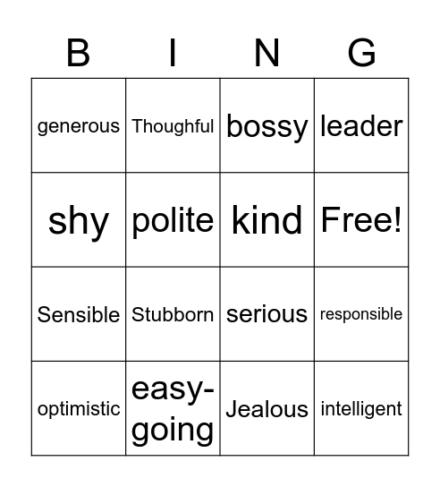 Personality Adjectives Bingo Card