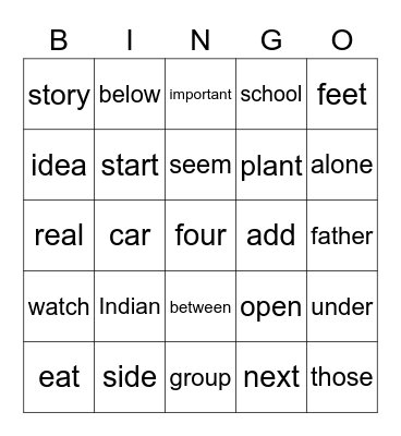 3rd Fry Words 2 Bingo Card