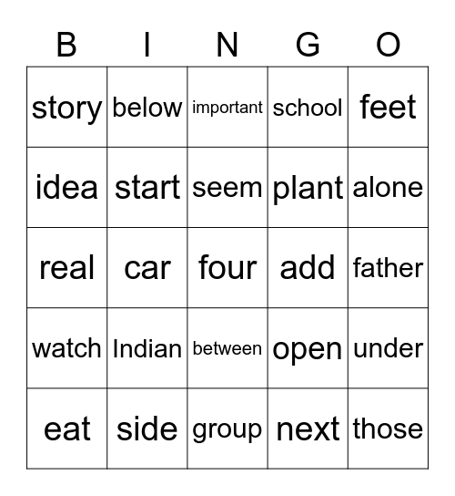 3rd Fry Words 2 Bingo Card