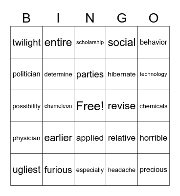 Different sounds of I; ch = /k/; ci = /sh/ Bingo Card