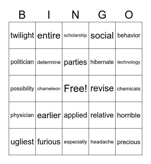 Different sounds of I; ch = /k/; ci = /sh/ Bingo Card