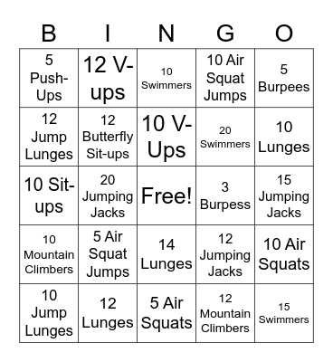 Fitness Bingo Card