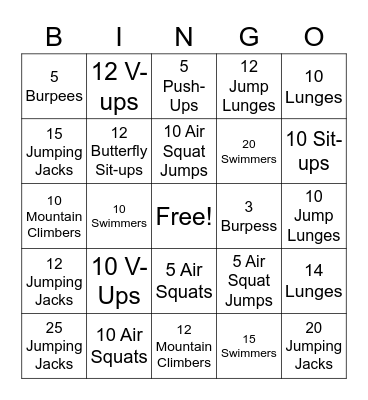 Fitness Bingo Card