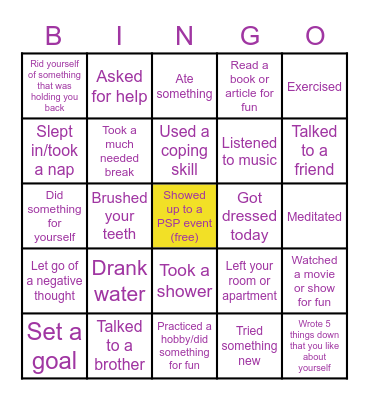 PSP Self-Care Bingo Card