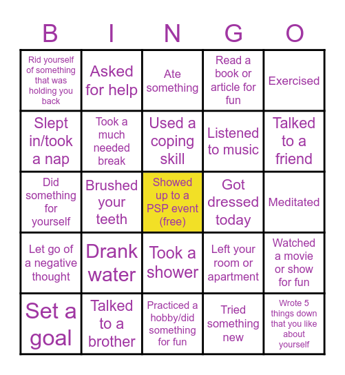 PSP Self-Care Bingo Card