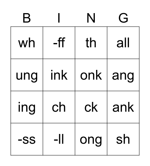 ink, ank, onk, unk, ing, ang, ong, ung Bingo Card