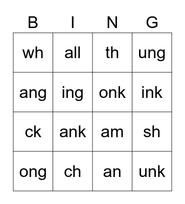 Phonics 1st 3-7 ink, onk, ild, old Bingo Card