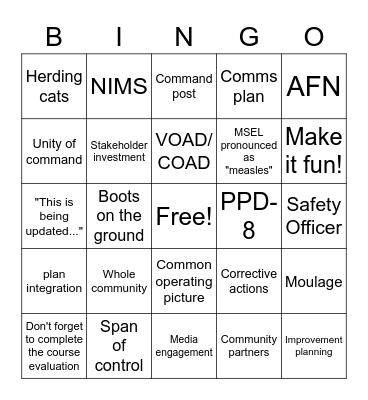 FEMA Training BINGO Card