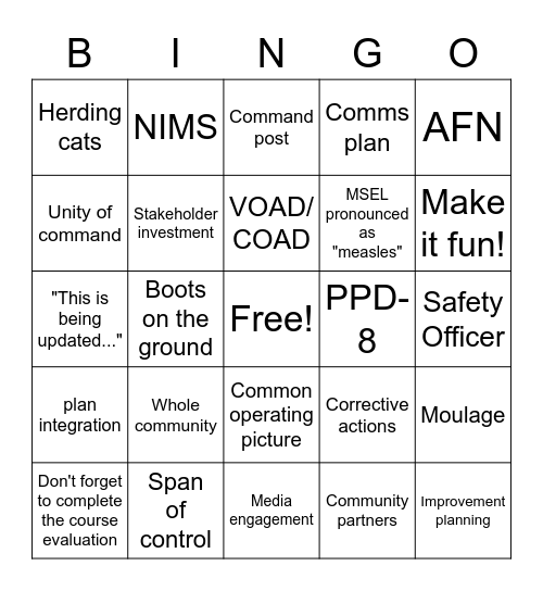 FEMA Training BINGO Card