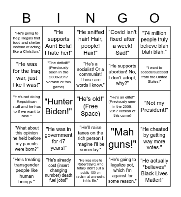 Sore Loser Biden Criticism Bingo Card