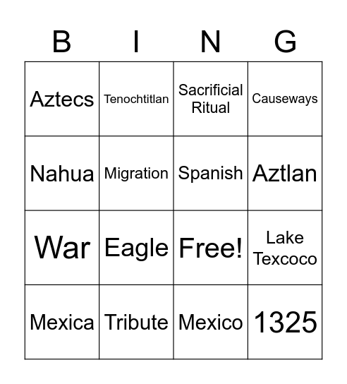 Aztec Bingo Card