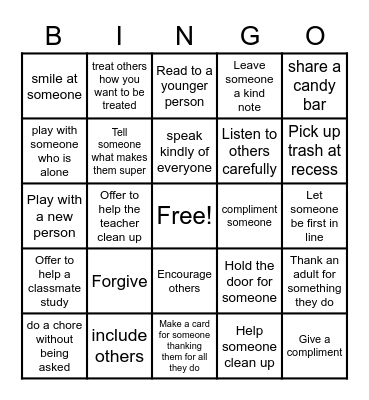Random Acts of Kindness Bingo Card